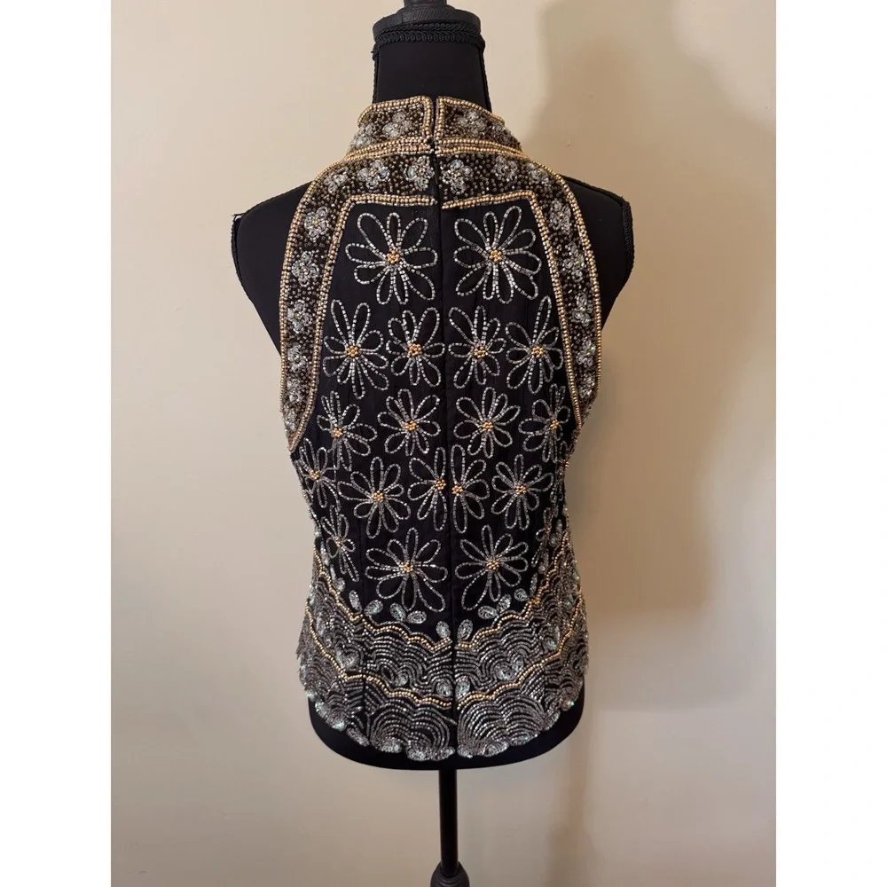 Vintage 90s Beaded Boho Top Luxe Black Gold Floral Halter Glam Art Deco Women L - Picture 5 of 8